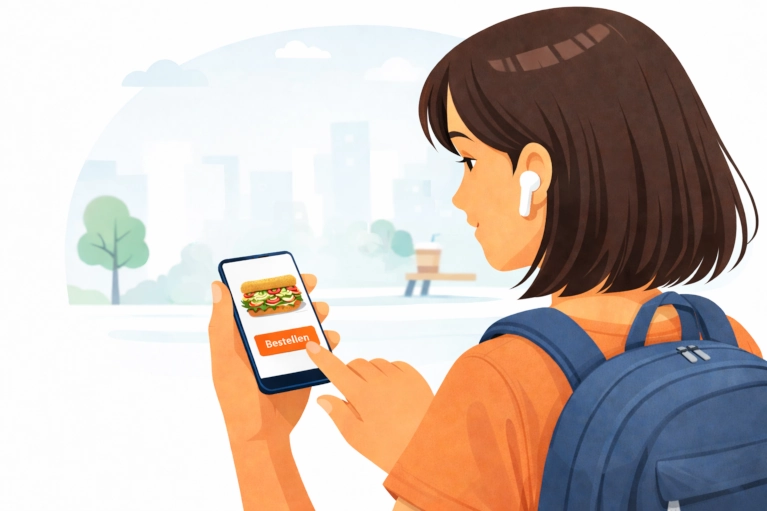 Step 1 - Illustration of a person ordering a sandwich in the app